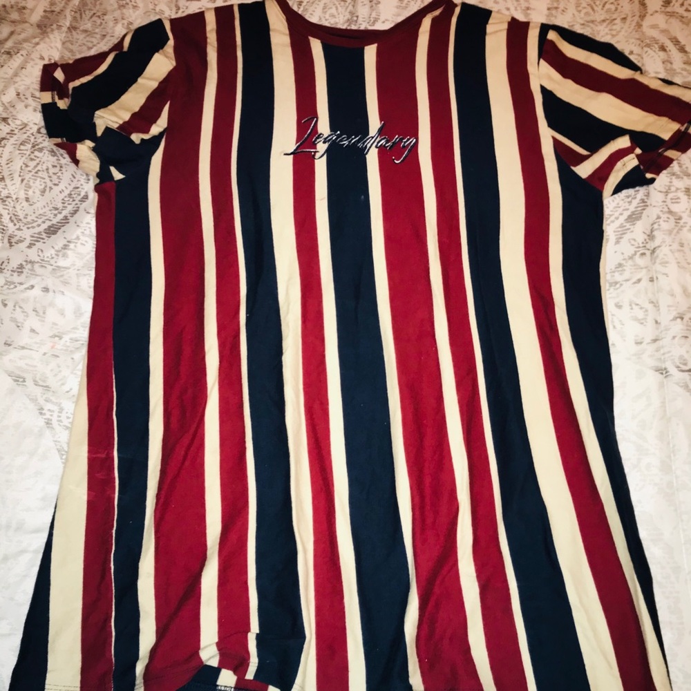 Red, dark blue and cream striped t-shirt